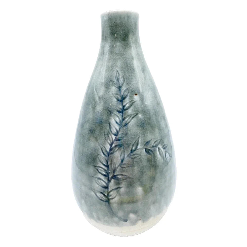 Studio Pottery Bud Weed Vase Gray Impressed Leaves Drip Glaze Artist Signed 7